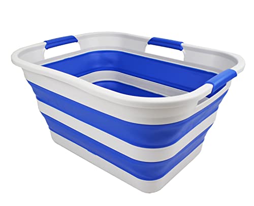 SAMMART 30L(8 gallon) Collapsible Plastic Laundry Basket - Foldable Pop Up Storage Container/Organizer - Space Saving Hamper/Basket - Water Capacity 24L(6.3 gallon) (1, Grey/Purplish Blue) - color: Grey/Purplish Blue