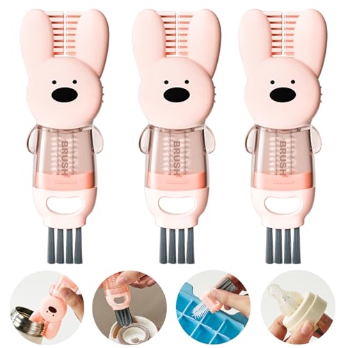 4 in 1 Cup Lid Cleaning Brush, Multifunctional Bottle Cleaning Brush, Cup Crevice Cleaning Tools, Easy to Clean and Storage, Cup Lid Gap Cleaner, Home Kitchen Cleaning Tools - 3Pcs - color: Pink