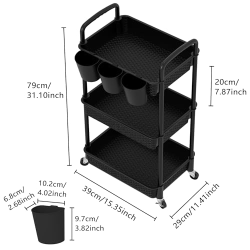 MOYIPIN 3-Tier Plastic Rolling Utility Cart with Handle,Utility Storage Cart for Office, Living Room, Kitchen,Movable Storage Organizer Shelves,Black with 3 Hanging Cups - color: Black, size: 3-Tiers with cups