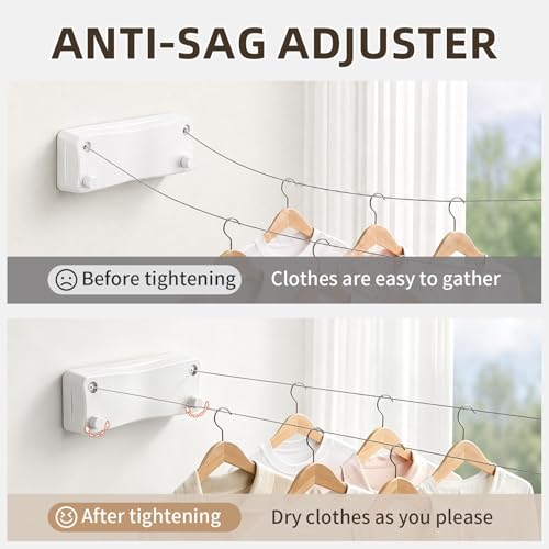 Anti-Sag Retractable Clothesline 40LB Capacity - 201in Stainless Steel Laundry Line for Indoor Outdoor, Wall Mounted Space Saving Easy Install (White, Double Lines) - color: White, size: Double lines