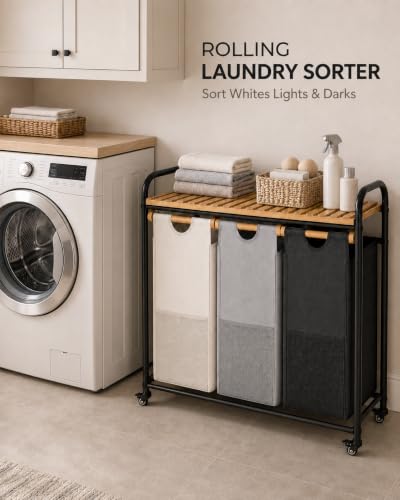 105L Laundry Hamper with Wheels, 3 Section Rolling Laundry Sorter Cart with Bamboo Shelf, Large Clothes Basket for Laundry Room and Bathroom