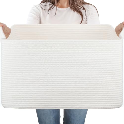 65L Large Woven Blanket Basket for Living Room, 19.7"x15.7"x11.8" - color: White, size: 19.7"x15.7"x11.8"