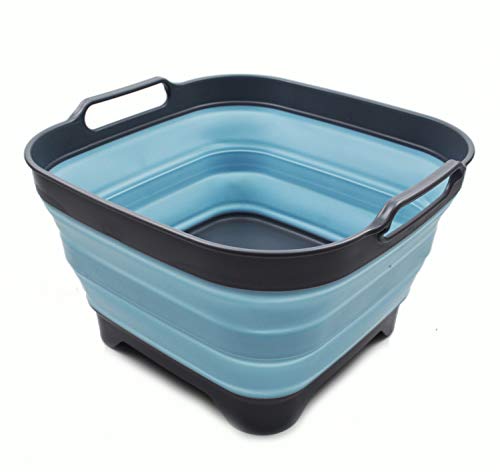 SAMMART 10L (2.64 Gallon) Collapsible Dishpan with Draining Plug - Foldable Washing Basin - Portable Dish Washing Tub - Space Saving Kitchen Storage Tray (1, Grey/Sea Angel) - color: Grey/Sea Angel