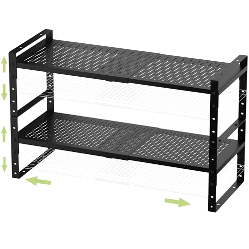 Jojocross Expandable Stackable Aadjustable Shoe Rack Pantry Shelf for Kitchen Cabinets Counter Shelves Countertop Cupboard Storage Solution,Sturdy Heavy-Duty Metal Construction(2Packs/Black/Medium) - color: 2Packs/Black, size: MEDIUM:8.1"D x 16.5"W x 7.8"