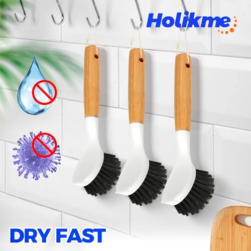 Holikme 3 Pack Dish Brush with Bamboo Handle Cleaning Brush,Black - color: Black