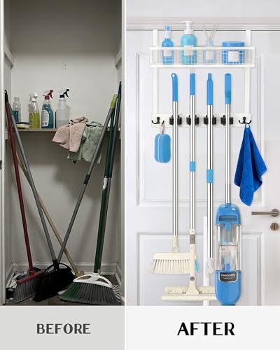 Lorbro Over the Door Broom and Mop Holder with Basket, 4 Grips and 4 Hooks