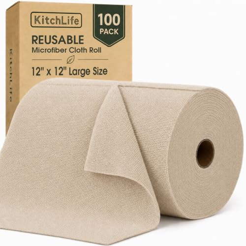 Microfiber Cleaning Cloth Roll, 100 Pack 12 x 12 Inch Tear Away Reusable Paper Towels, Thick Cleaning Towels, Absorbent Lint Free Washable Rags for Kitchen, Car, Garage and Workshop - Sand Beige - color: Sand Beige