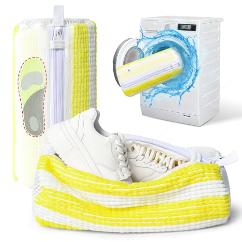 Anybar Shoe Washing Machine Bag –2 Pcs Reusable Laundry Shoe Bag 360° Deep Cleaning Sneaker Washing Machine Bag Fits All Shoe Types Microfiber Inside with Self-locking Zipper (Yellow White) - color: Yellow White