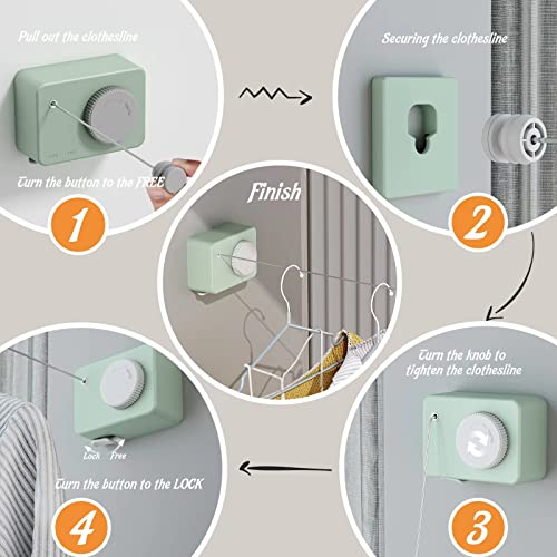 Retractable Clothesline Indoor, Non-Sagging Clothes Line Retracting Outdoors, Wall Mounted Clothes Line Outdoors Set,13.8 Ft Heavy-Duty Retractable Laundry Line,Light Green - size: Green