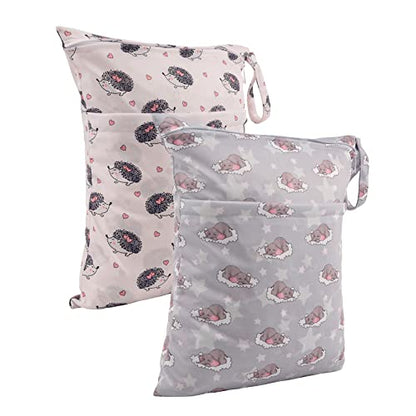 ALVA ALVABABY 2pcs Cloth Diaper Wet Dry Bags Waterproof Reusable with Two Zippered Pockets Travel Beach Pool Daycare Soiled Baby Items Yoga Gym Bag for Swimsuits or Wet Clothes LZD2324 - color: 02Elephant and Hedgehog