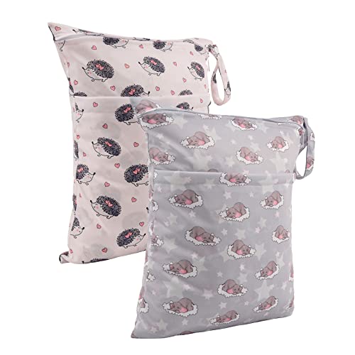 ALVA ALVABABY 2pcs Cloth Diaper Wet Dry Bags Waterproof Reusable with Two Zippered Pockets Travel Beach Pool Daycare Soiled Baby Items Yoga Gym Bag for Swimsuits or Wet Clothes LZD2324 - color: 02Elephant and Hedgehog