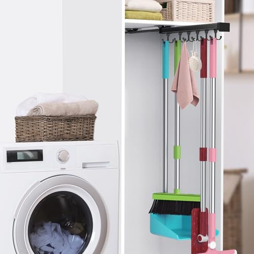 Pull Out Broom Holder With Adjustable Double Row Sliding Hook-Black 14.2IN - color: Black, size: 36cm/14.17inch