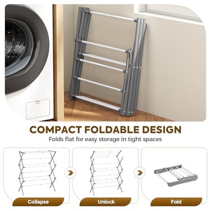 KINGBOARD 3-Tier Extendable Clothes Drying Rack, Foldable, White & Grey - color: White&grey