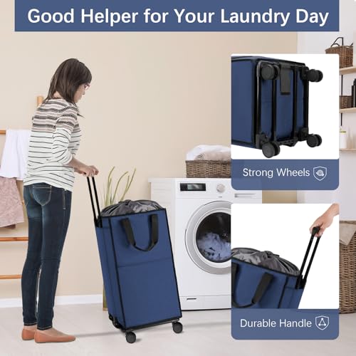 Bukere Rolling Laundry Hamper with Wheels, Large 90L Freestanding Collapsible Laundry Basket Bag for Clothes Storage, Heavy Duty Removable Wheeled Cart for College Dorm Apartment Laundry Room Bathroom - color: Darkblue