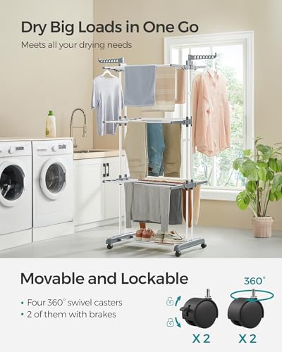 SONGMICS 4-Tier Clothes Drying Rack, Foldable, Rolling, 66.6-Inch Tall - color: White + Gray, style: 4-Tier