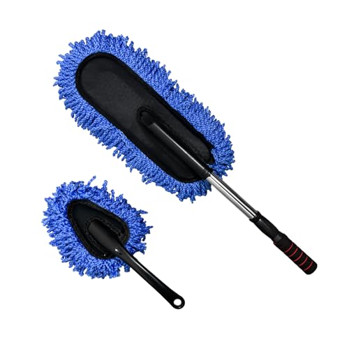 2 PCS Microfiber Car Duster, Scratch Free Auto Exterior Interior Large Dusting Cleaning Brush, Multipurpose Vehicle Dust Cleaner with Extendable Handle, Car Accessories (Blue) - color: Blue