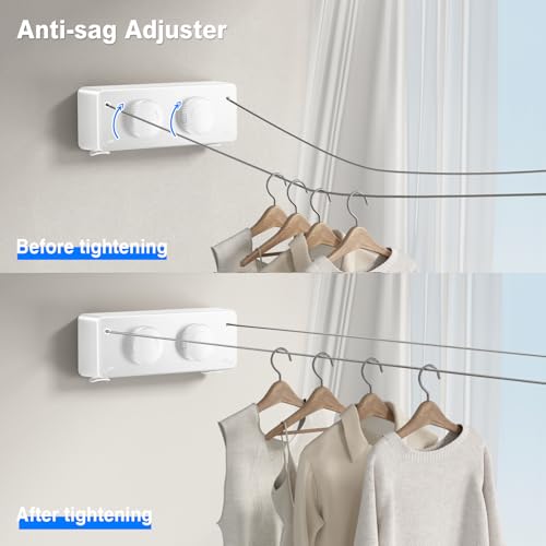 MUSTORN Retractable Clothesline Indoor, Non-Sagging Twin Clothes Line Retracting Outdoor Heavy Duty Clothes Drying Laundry Line Wall Mounted Stainless Steel Double Line-13.8 ft(White) - color: White