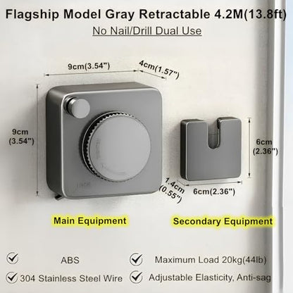 13.8ft(4.2M) Retractable Clothesline, Non-sag Clothesline, Indoor & Outdoor Heavy Duty Retractable Clothesline, Wall Mounted Stainless Steel Washing Line (Gray)