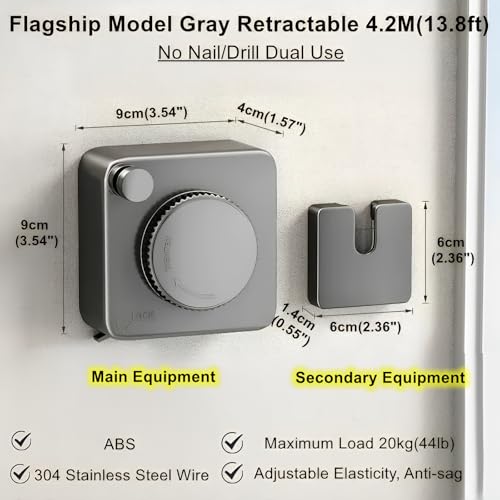 13.8ft(4.2M) Retractable Clothesline, Non-sag Clothesline, Indoor & Outdoor Heavy Duty Retractable Clothesline, Wall Mounted Stainless Steel Washing Line (Gray)
