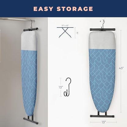 Ironing Board, Compact and Space Saver Foldable Iron Board, Safety Ironing with Park Zone and 3 Layers Extra Thick Cover, Adjustable Height, Easy Storage with Smart Hanger and Lightweight Design - color: Blue, size: 13"x43"