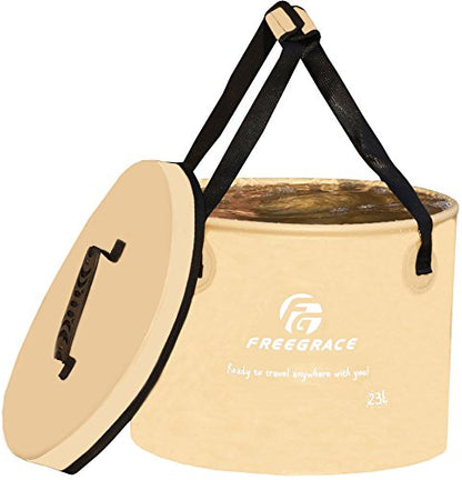 Freegrace Collapsible Water Bucket with Lid 23L Portable Camping Wash Basin - color: Khaki, size: 23L