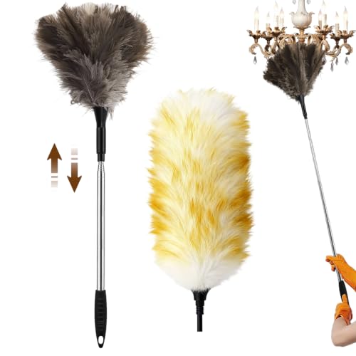 Extendable Ostrich Feather Duster with Bonus Wool Feather Duster Head - Natural Fluffy Non-Slip Handle Feathers Dusters for Cleaning Ceiling Fans, Blinds, Roof Dusting, High Surfaces (18-48 in) - color: Ostrich Feather Color+wool Color