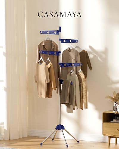 CASAMAYA Clothes Drying Rack Foldable, 70.9 inch Tripod Drying Rack for 35 Pieces of Clothes, with Height-Adjustable Rotatable Clothes Rails, Space Saving, Stainless Steel, Blue and Silver CDR005Q01 - color: Blue + Silver, size: 5-Tier Standard