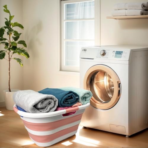 SAMMART 40L (10.5 gallon) Collapsible Plastic Laundry Hamper - Foldable Pop Up Storage Container/Organizer - Portable Washing Tub - Space Saving Basket (1, White/Quartz Pink) - color: White/Quartz Pink