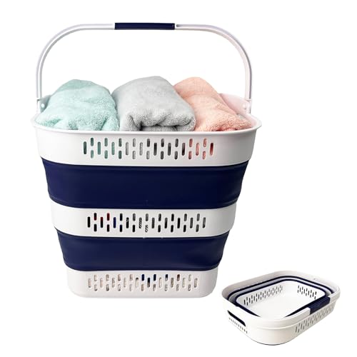 SAMMART 38L (10 Gallon) Collapsible Plastic Laundry Basket - Foldable Pop-Up Storage Container/Organizer – Portable Space Saving Laundry Hamper (1, White/Starry Blue) - color: White/Starry Blue
