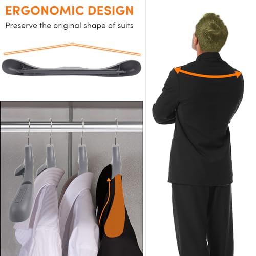 DEDU Suit Hangers for Men 40 Pack, Grey Coat Hangers Extra Wide Non Slip Width 17.7", Thick Plastic with Pants Bar & Metal Hook - color: Gray, size: 40 Pack