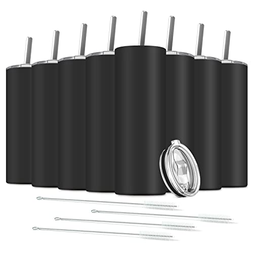 8 Pack Stainless Steel Skinny Tumbler, 20 OZ Double-Insulated Water Tumbler Cup with 8 Straw and 4 Brush, Vacuum Travel Mug Gift for Hot Cold Drinks with Cleaning(Black) - color: Black, size: 8 Count (20 oz)