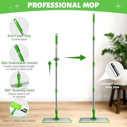 17.7" Microfiber Mop for Floor Cleaning, 360° Rotating Flat Mop with 4 Pads - color: Green