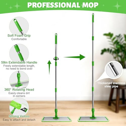 17.7" Microfiber Mop for Floor Cleaning, 360° Rotating Flat Mop with 4 Pads - color: Green