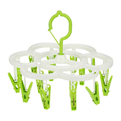Clothespin Rack Laundry Drying Rack,Clothes Hangers with 16 Clips,Clip Hanger Drip Hanger for Drying Underwear,Baby Clothes,Socks,Bras,Towel,Pants,Hat,Scarf,Cloth Diapers,Gloves (Green)