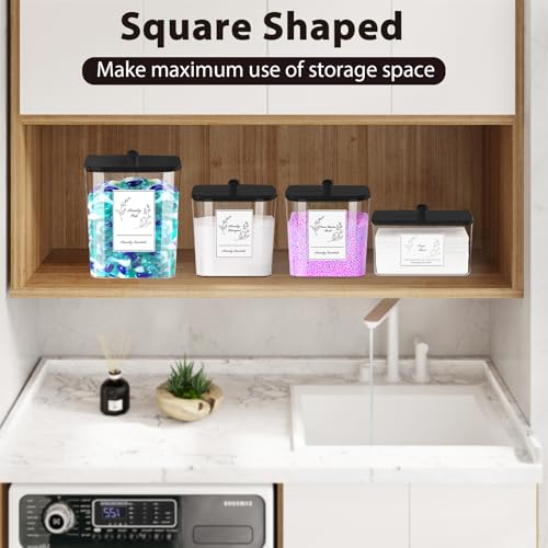 COAZEX 4 Pack Clear Laundry Pods Container & Dryer Sheet Holder,Black Lids - color: Black-Square-White Labels