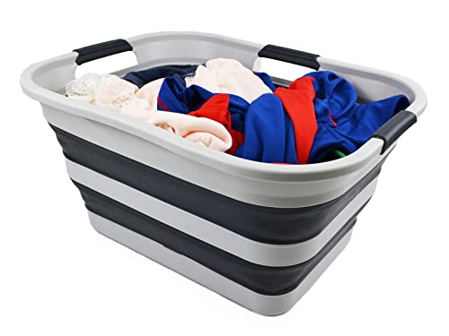 SAMMART 30L(8 gallon) Collapsible Plastic Laundry Basket - Foldable Pop Up Storage Container/Organizer - Space Saving Hamper/Basket - Water Capacity 24L(6.3 gallon) (1, Grey/Slate Grey) - color: Grey/Slate Grey
