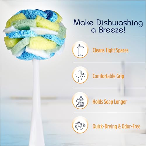 Compac Home Dish SpongeWand Plus Tri Surface Scrubbing Sponge with Cello Foam Scour Sponge Petals, Cleans Dishes, Glassware 360 Scrubber Pads for Tough to Clean Pots Pans, Multi-Color, (Pack of 6) - size: 6 Count (Pack of 1)