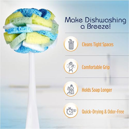 Compac Home Dish SpongeWand Plus Tri Surface Scrubbing Sponge with Cello Foam Scour Sponge Petals, Cleans Dishes, Glassware 360 Scrubber Pads for Tough to Clean Pots Pans, Multi-Color, (Pack of 6) - size: 6 Count (Pack of 1)