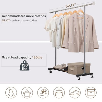 VICERII Clothes Rack, 130LB Capacity Heavy Duty Clothing Rack with Wheels and Bottom Shelf, 52.17 Inch Rolling Racks for Hanging Clothes, Coats, Shirts, Sweaters, Skirts, Dress, Black - color: Matte Black, size: Single