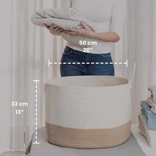 OrganiHaus Round Toy Basket & Blanket Basket, Cotton Rope 20x13" - color: Honey / Off-White, size: Wide