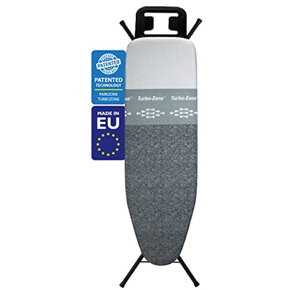 Bartnelli by Rorets Classic Ironing Board with New Patent EZ-Glide Technology, Made in Europe, Premium Iron Board with Iron Rest, 4 Layer Cover, 13x43 Surface, Height Adjustable to 36", 4 Steel Legs - color: Black/Black