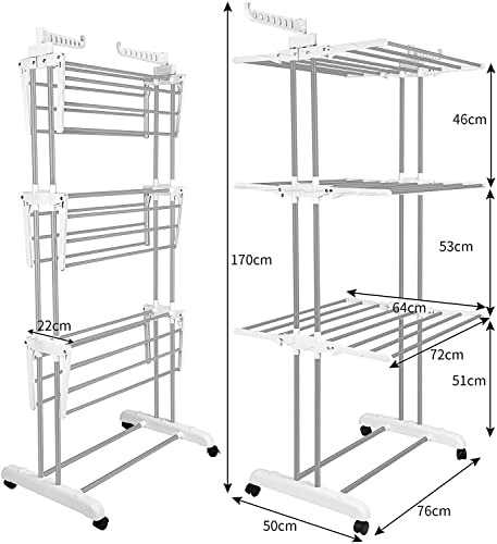 Bigzzia Clothes Drying Rack Folding with Wheels Drying Rack Clothing Clothes Horses Rack Stainless Steel Laundry Drying Rack with Two Side Wings 4 Tier Grey White - color: Grey White
