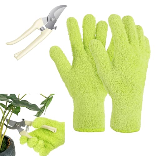 Grevosea Plant Dusting Gloves with Garden Shear, Microfiber Gloves Household Cleaning Glove Washable Reusable Mittens Glove for Plants House Cars Blinds Dusting Furniture and Small Objects