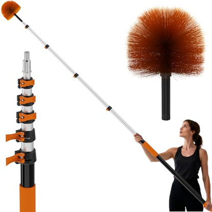 30 FT Reach Cobweb Duster with 5-24 FT Telescoping Pole, Dual Action Flip-Lock & Screw Fixing Design, Washable Reusable Duster for High Ceilings, Fans & Home Cleaning - size: 5-24FT