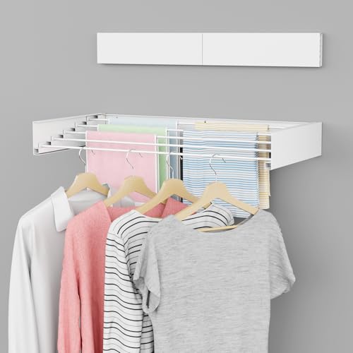 ZMBESUP Wall Mounted Drying Rack 31.5 Inch White, Foldable Retractable Clothes Drying Rack for Laundry Room Organization, Heavy Duty Space Saving Laundry Rack for Apartment Bathroom, 60lb Capacity - size: 31.5"