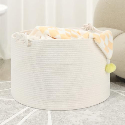 Large Blanket Basket (20"x13"), Woven Storage Basket for Dirty Clothes, Laundry, Living Room, Nursery, Bedroom - White - color: White