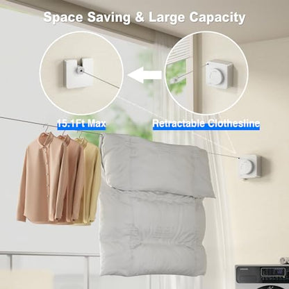 MUSTORN Retractable Clothesline Indoor, Non-Sagging Outdoor Clothes Line Retracting Heavy Duty Clothes Drying Laundry Line Wall Mounted Stainless Steel Line-13.8 Feets(Square-White) - color: White