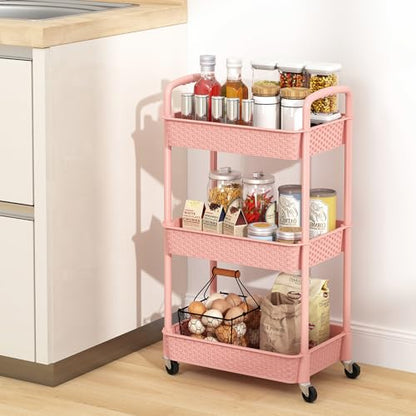 MOYIPIN 3-Tier Plastic Rolling Utility Cart with Handle,Utility,Pink - color: Pink, size: 3-Tiers without cups