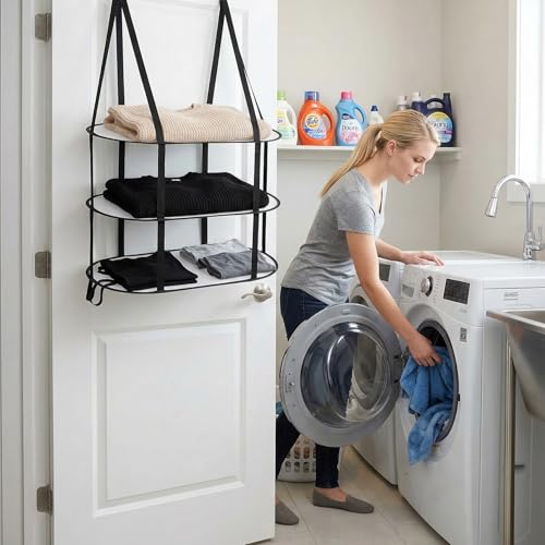3-Tier Sweater Drying Rack Over The Doo, Upgrade Laundry Drying Hanger with Hooks Foldable Mesh Dryer Flat for Sweaters, Delicates, Underwear, Socks, Space-Saving for Laundry Room