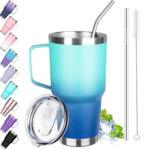 30 oz Stainless Steel Tumbler with Handle, Double Wall Vacuum Insulated Coffee Mug with Lid and Straw, Thermal Cup for Cold and Hot (Light Dark Blue) - color: Light Dark Blue, size: 30 Ounces